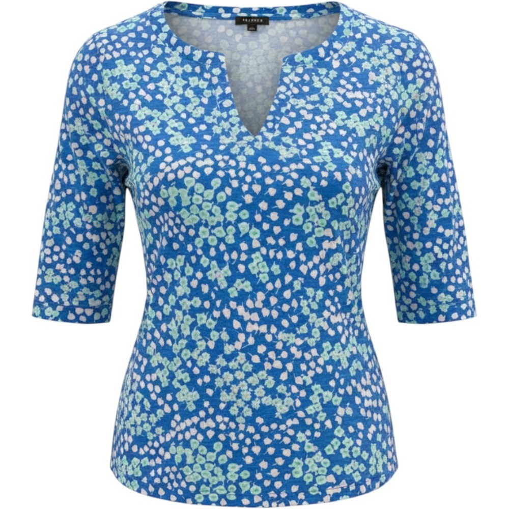 Talbots Womens Blue Floral Split V-Neck Elbow Sleeve Cotton Modal Top Medium